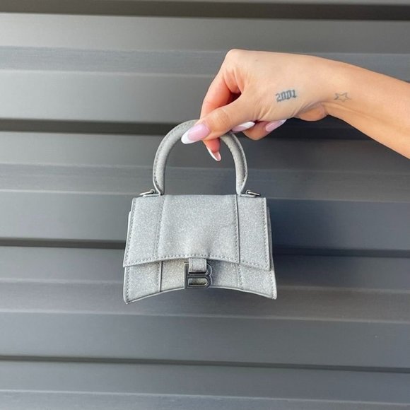 Balenciaga: Silver Mini Glitter Hourglass Bag